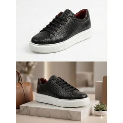 %100 Hakiki Deri Siyah Yılan Desenli Erkek Sneaker – Handcrafted